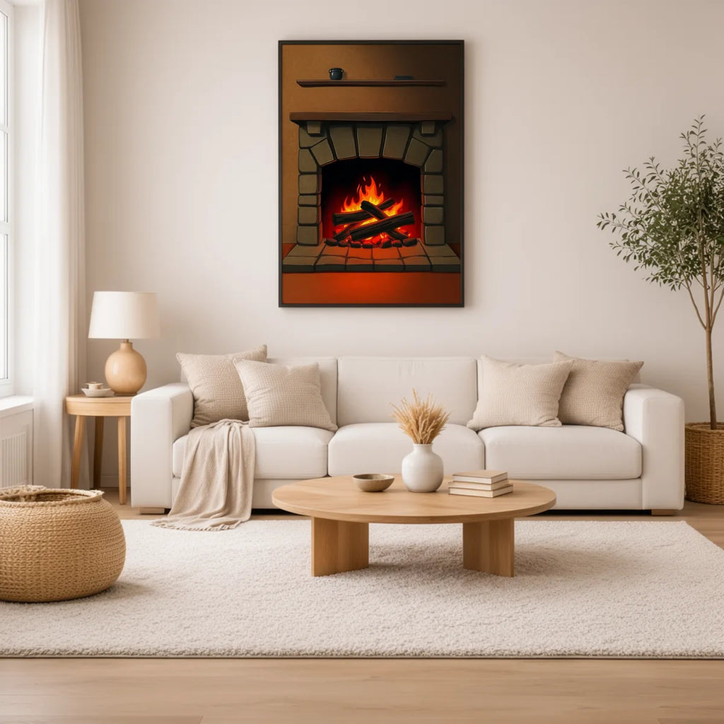 Stone Fireplace Crackling Fire Art